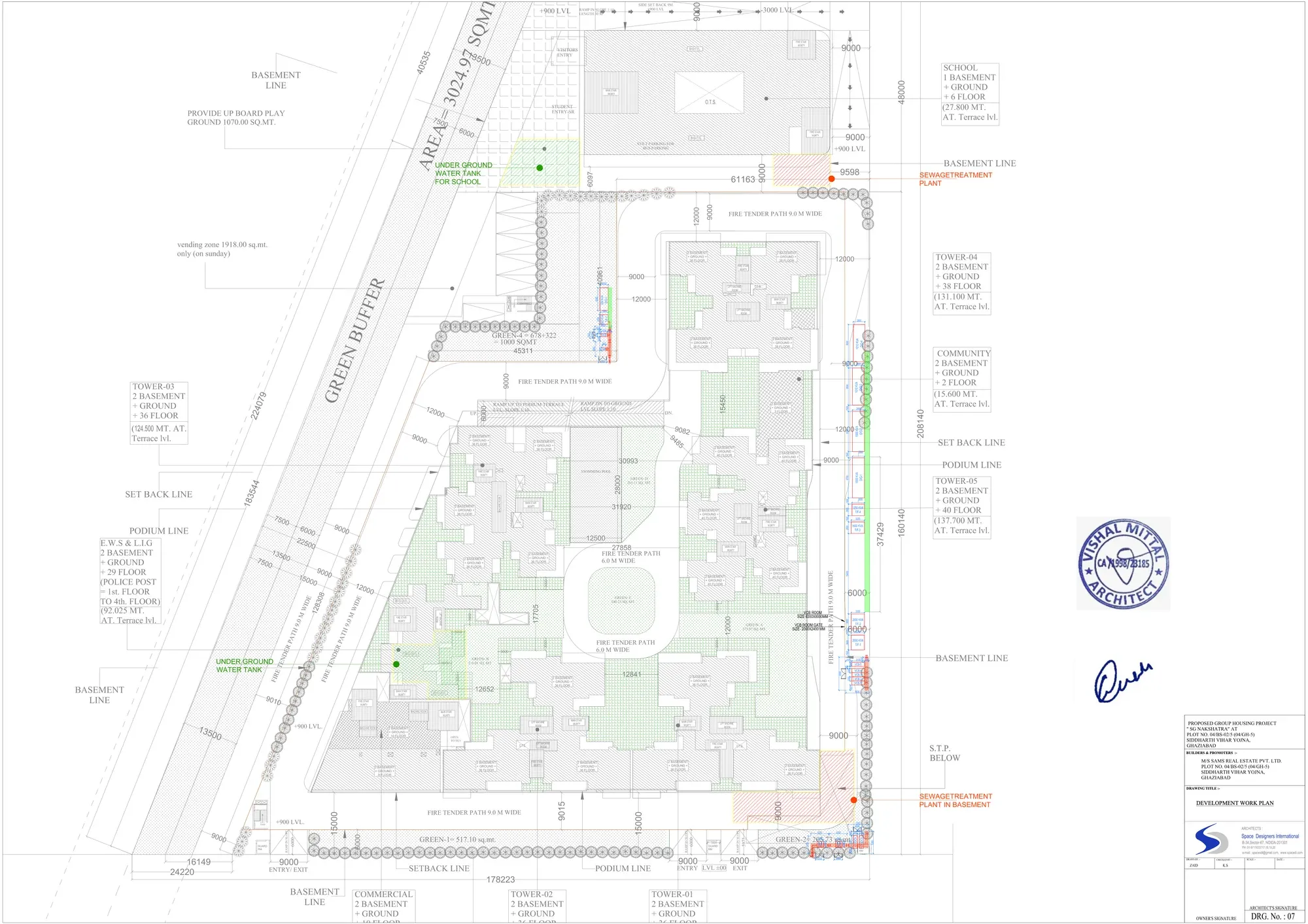 SG Nakshatra Siddharth Vihar approved development work plan showing sewage treatment plant, underground water tanks, fire tender paths and landscaped green areas, Ghaziabad