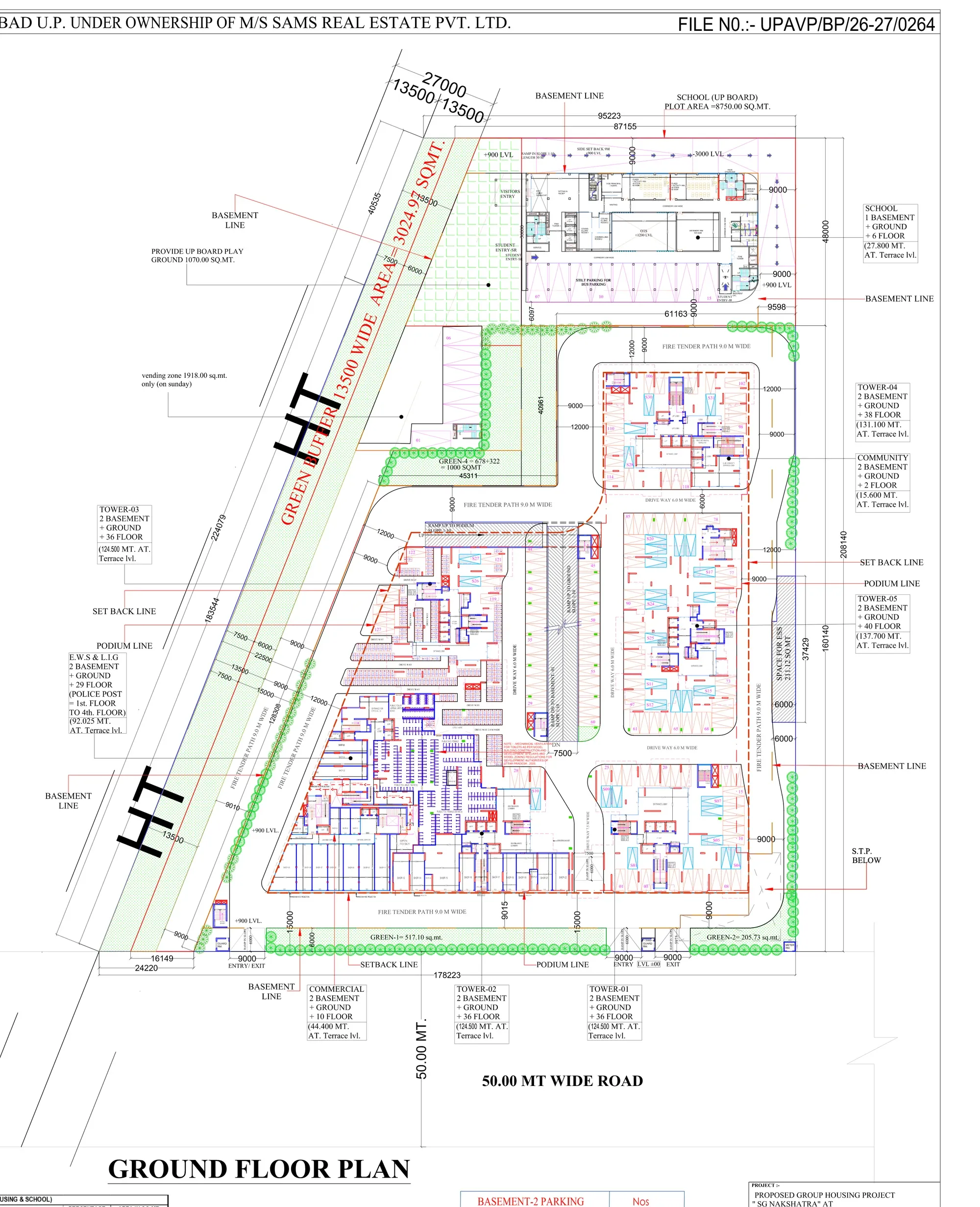 SG Nakshatra Siddharth Vihar approved ground floor plan showing tower footprints, 6 metre driveways, 9 metre fire tender path and podium line, Ghaziabad